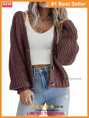 Chunky Knit V-Neck Button Cardigan Long Sleeve Cropped Sweater